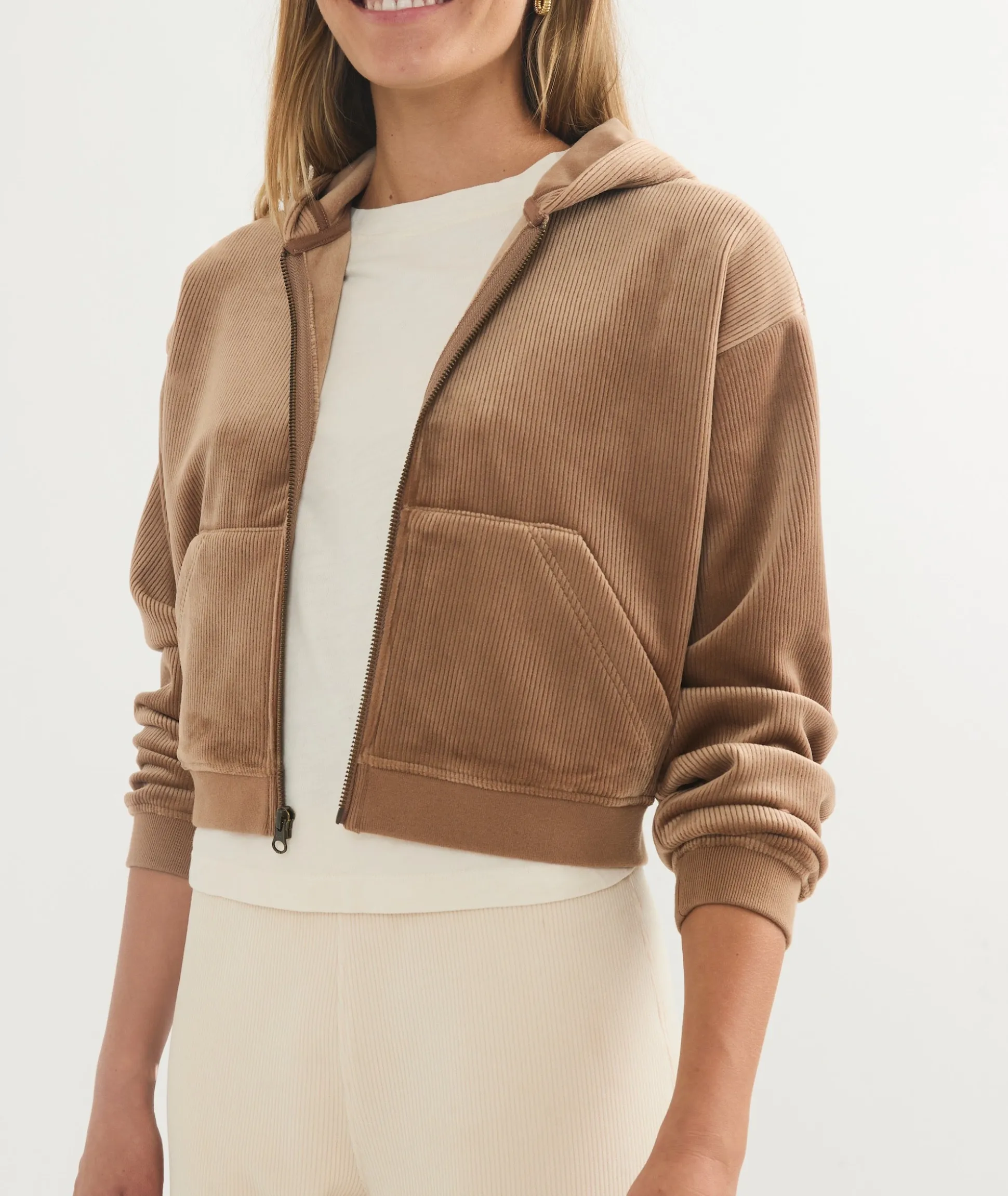 Cord Velour Cropped Zip Up Hoodie