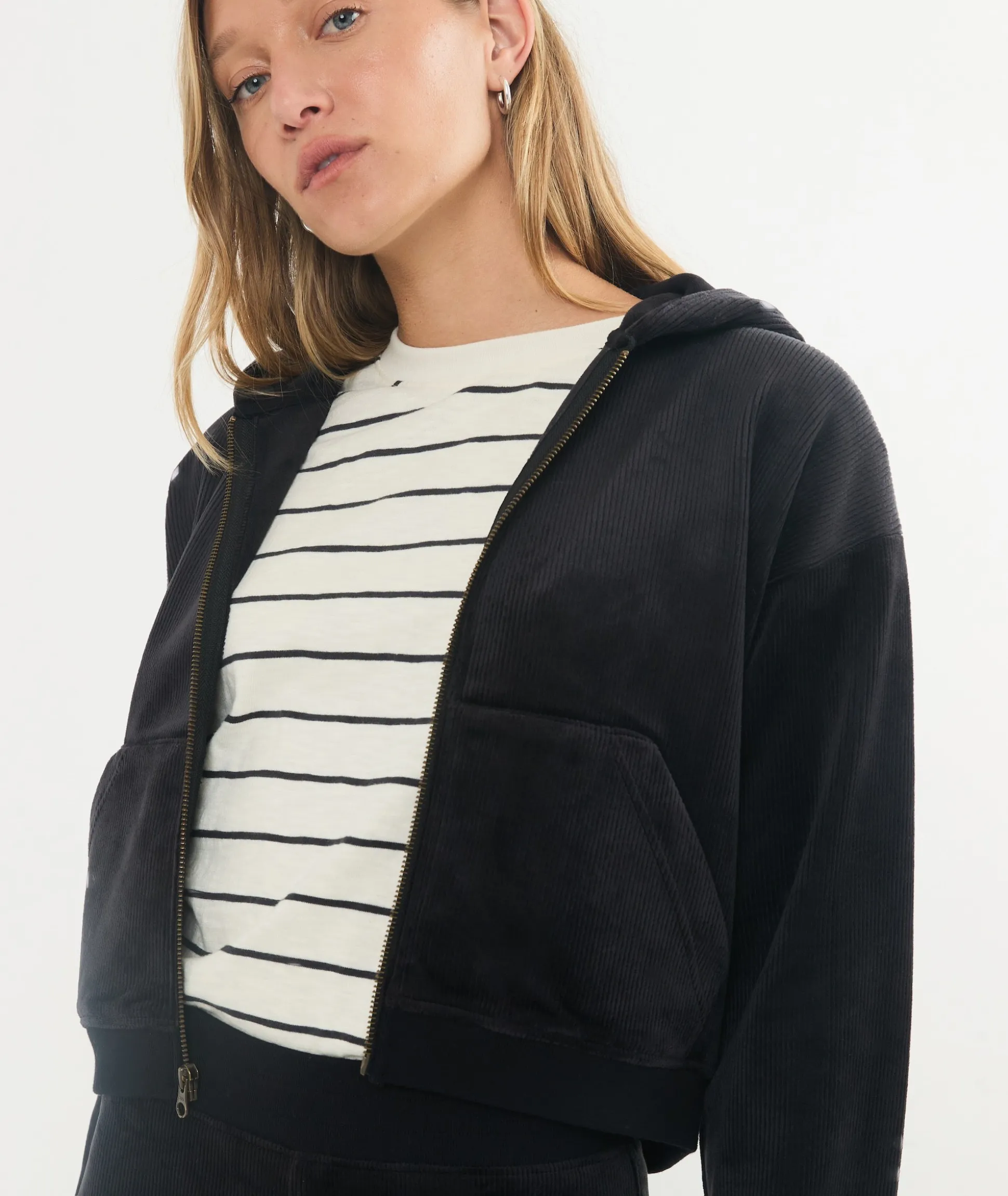 Cord Velour Cropped Zip Up Hoodie
