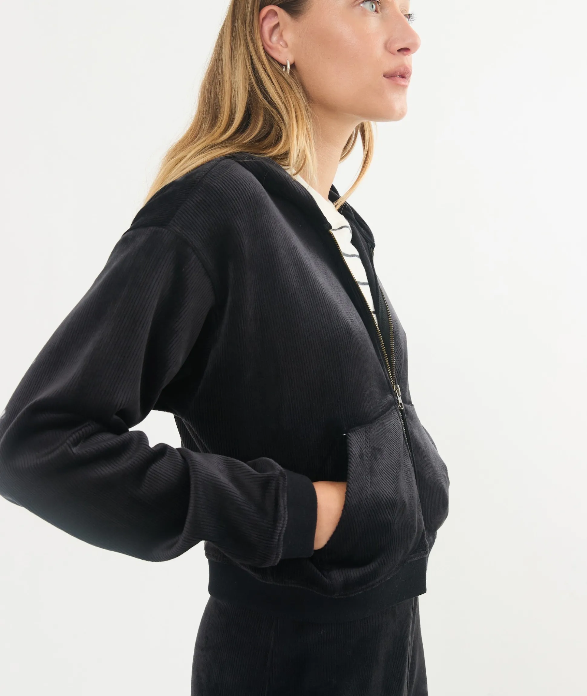Cord Velour Cropped Zip Up Hoodie