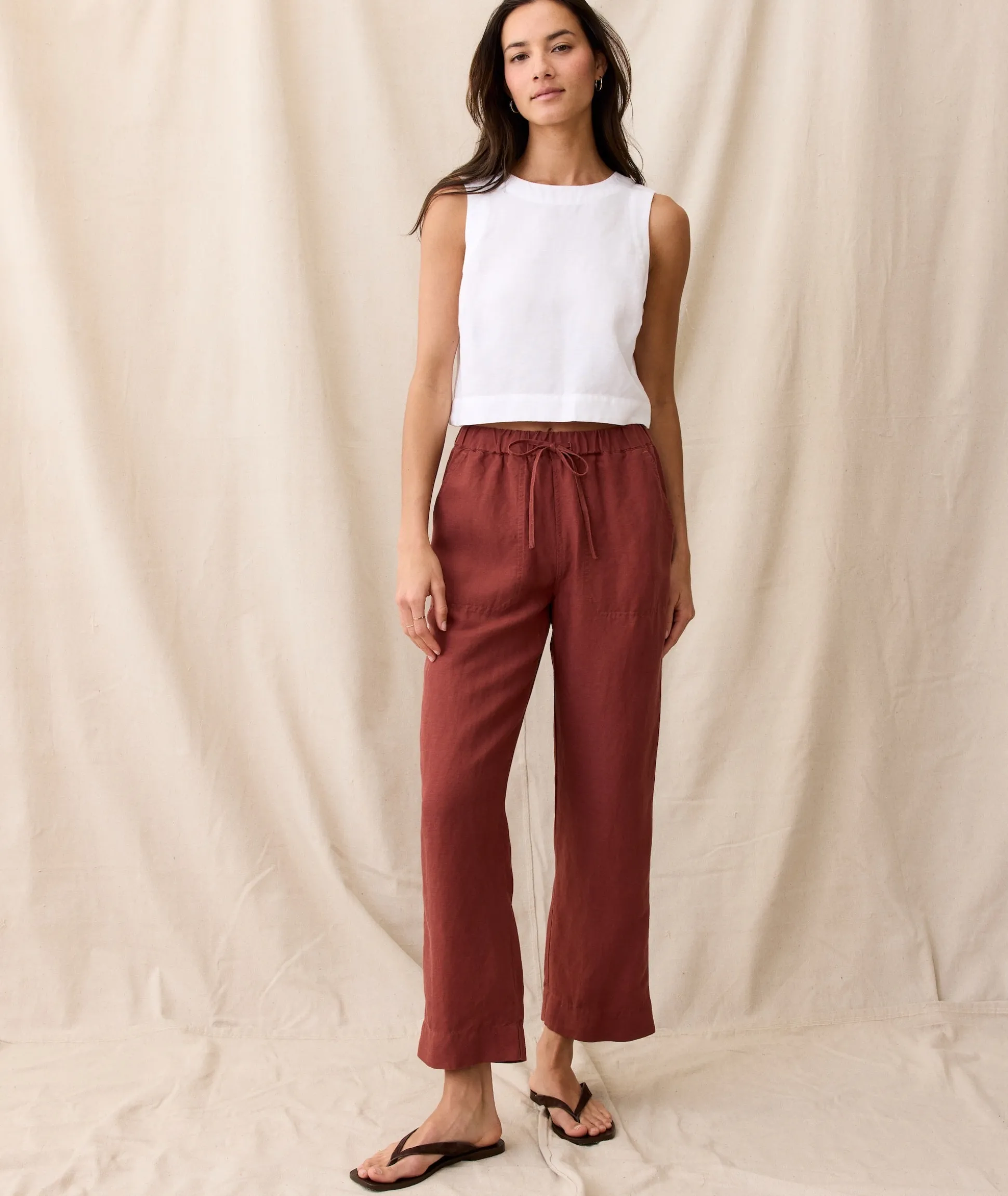 Linen Drawstring Straight Leg Pant