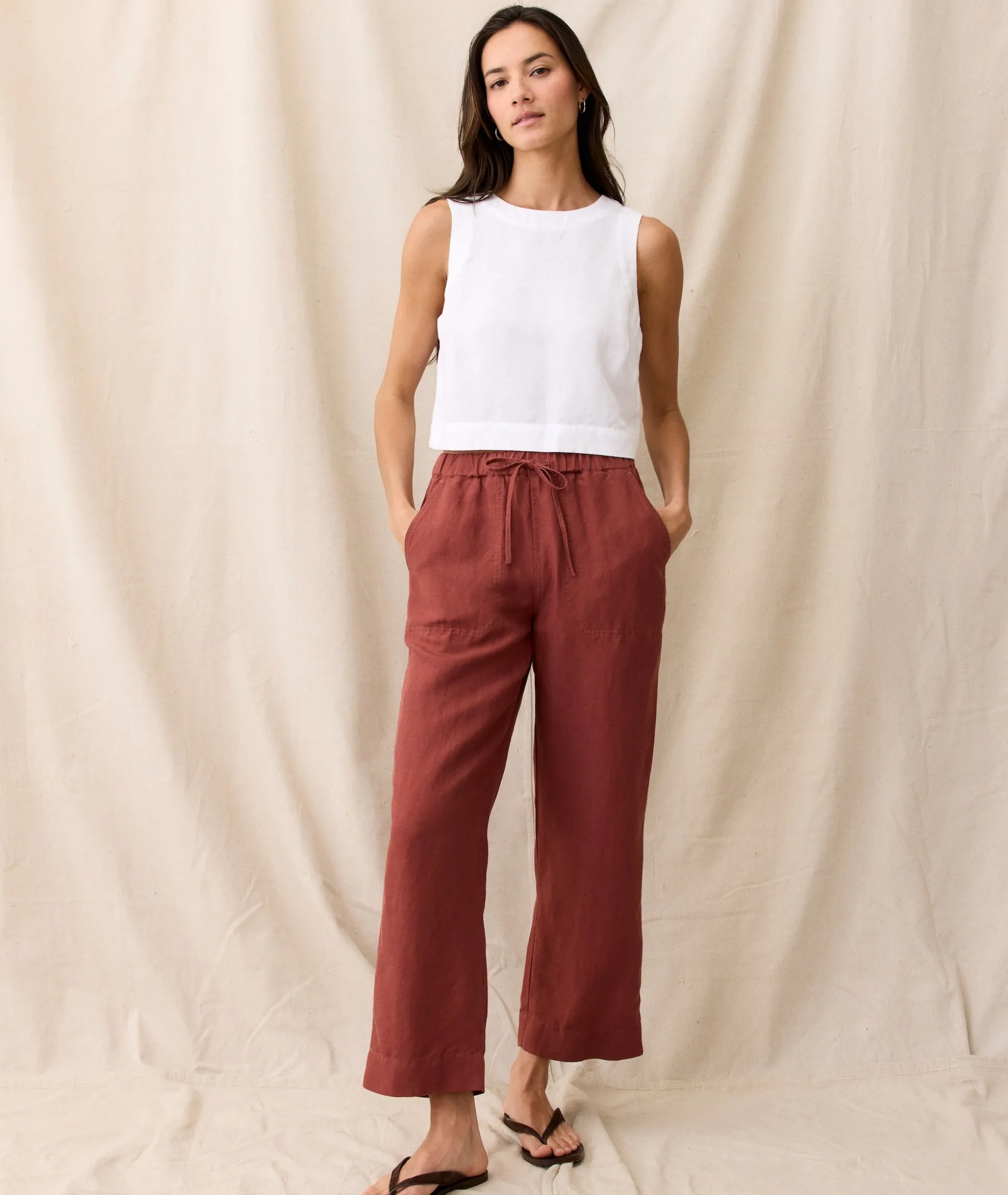 Linen Drawstring Straight Leg Pant